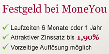 MoneYou Festgeld mit bis zu 1,90% Zinsen
