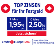 Credit Europe Bank Festgeld mit bis zu 2,50% Zinsen p.a.